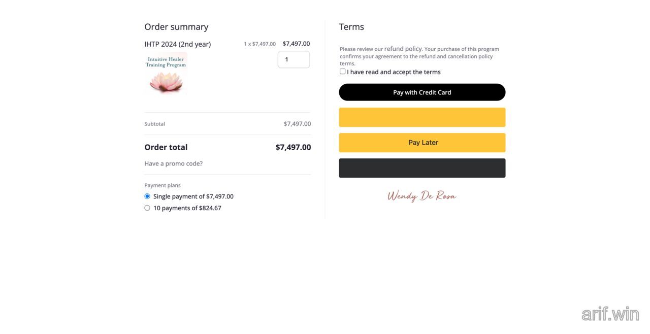 Keap mobile checkout page showing single pay and a 10-payment plan option for a high-ticket program.