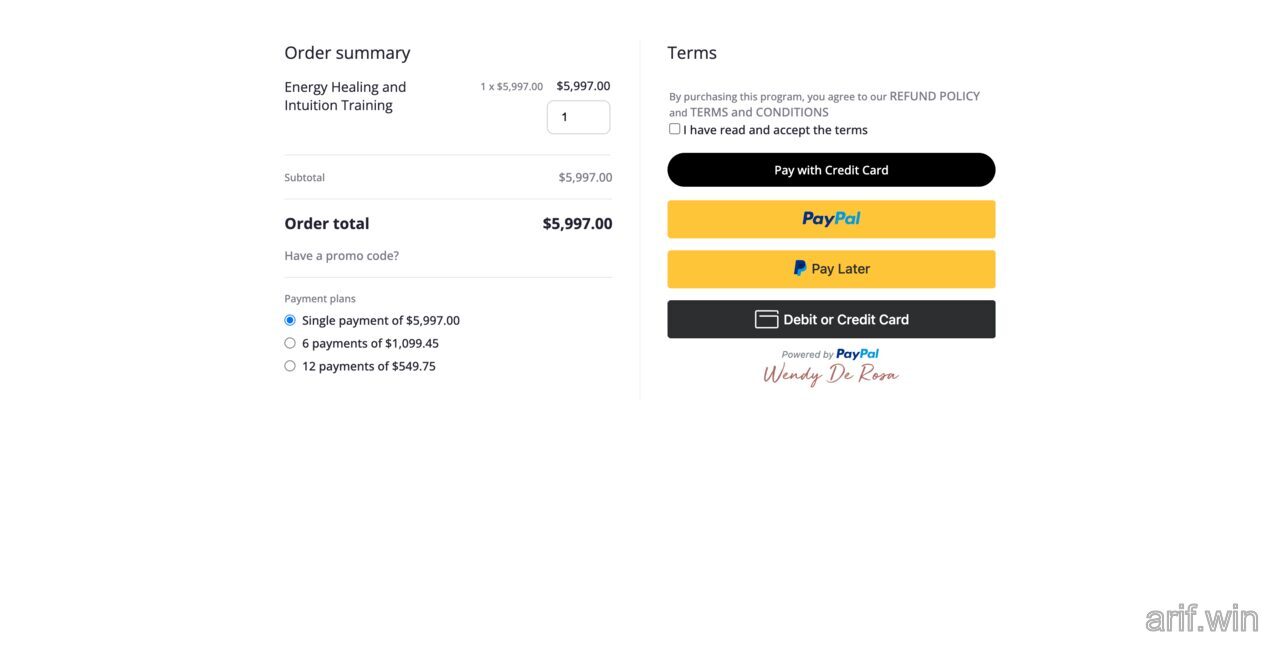 Keap mobile checkout showing a high-ticket order summary with multiple payment plan options and PayPal buttons.