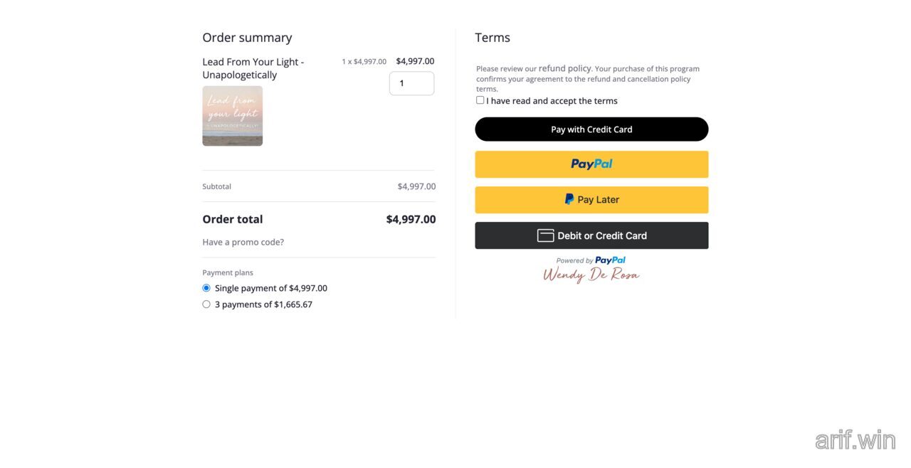 Keap mobile order summary showing promo code entry and a 3-payment plan option with PayPal checkout buttons.