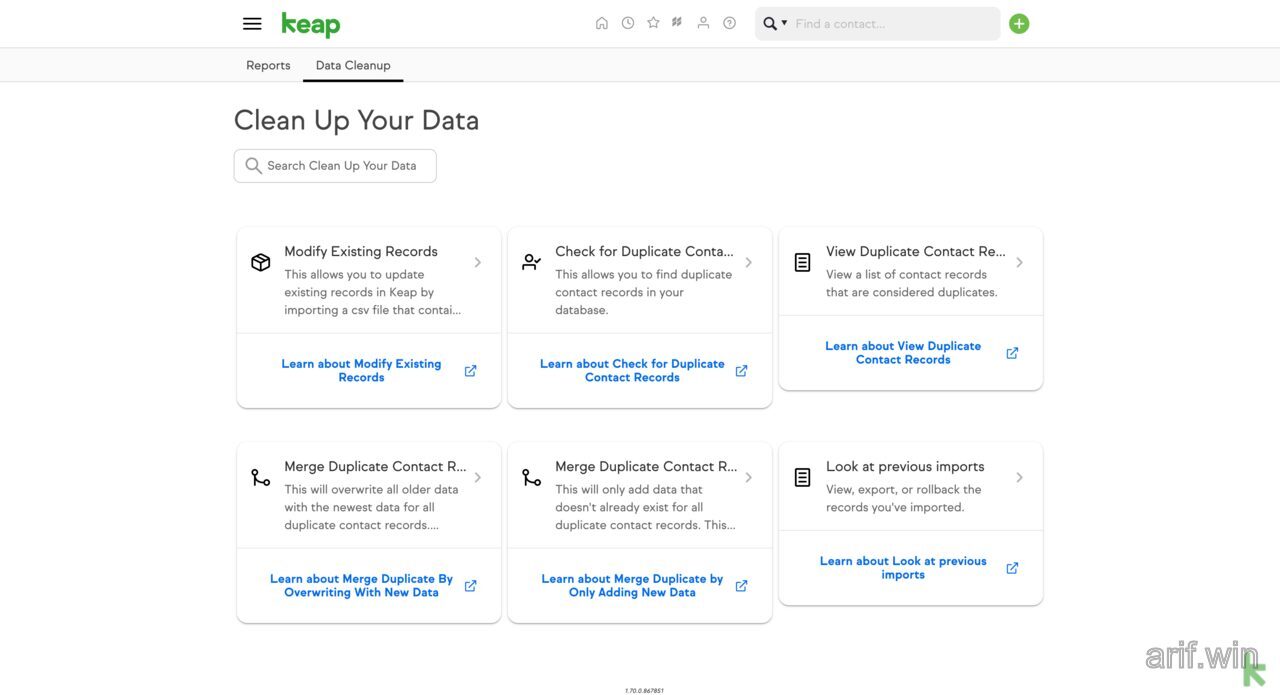 Keap data cleanup tools for checking duplicates, viewing duplicate records, merging contacts, and reviewing imports.