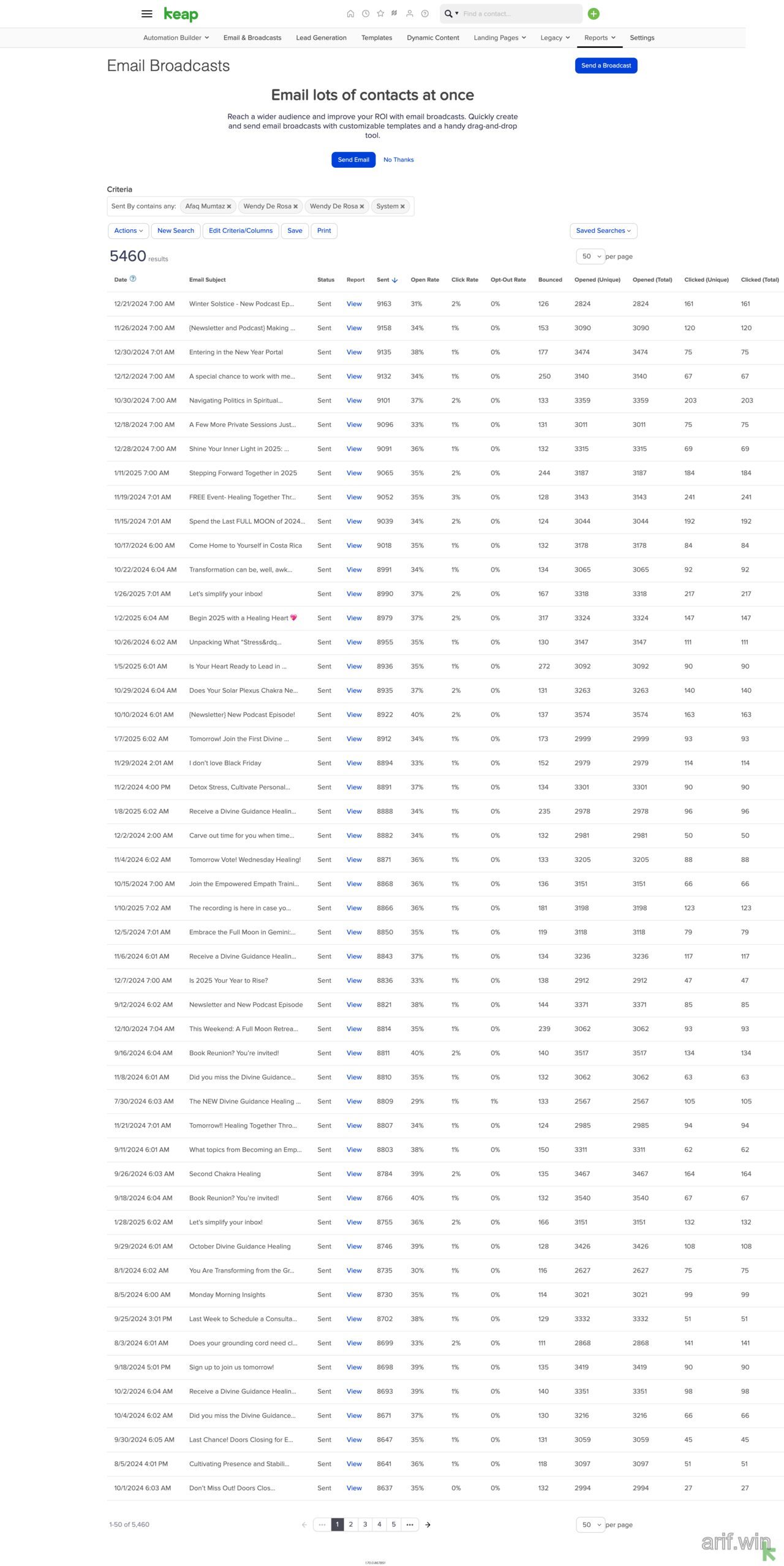 Keap Email Broadcasts reporting table with filters, criteria tools, and columns for unique opens and clicks.