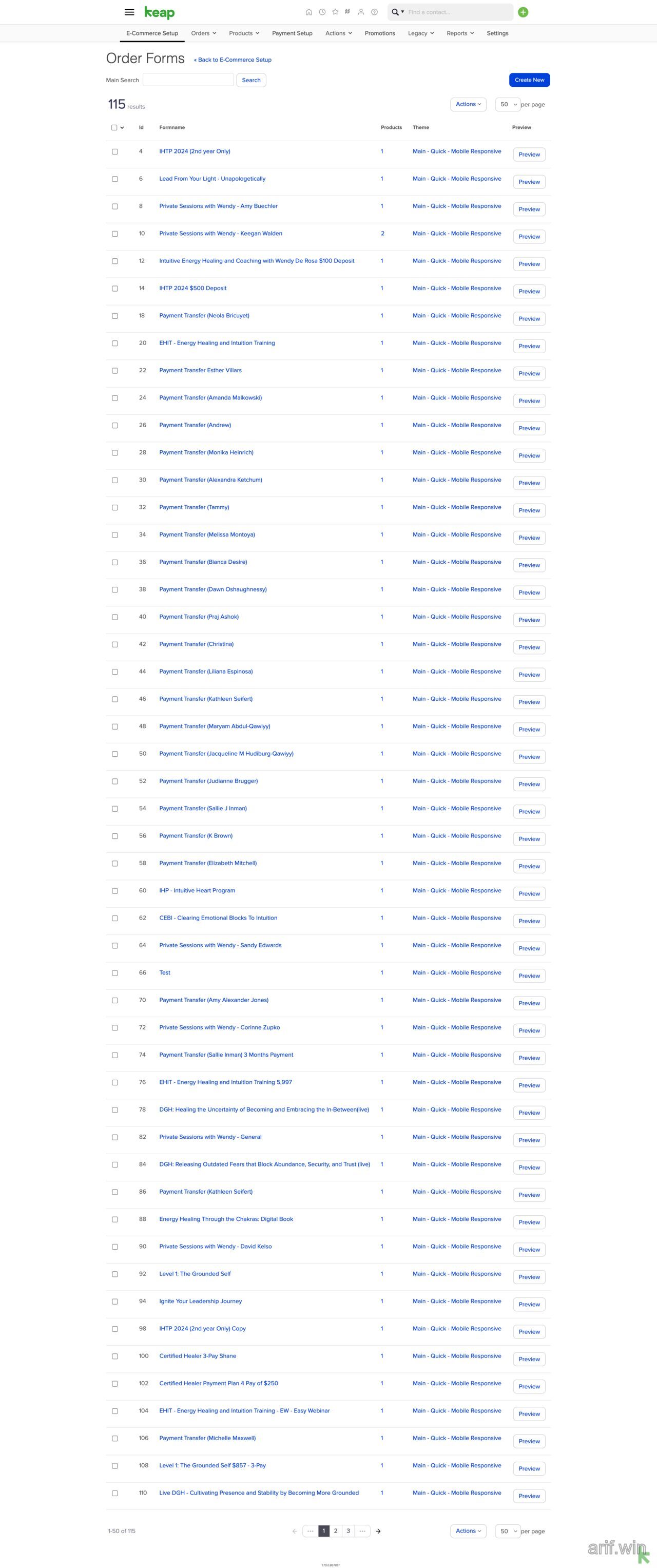 Keap Order Forms list showing many order forms with a mobile responsive theme and preview actions.