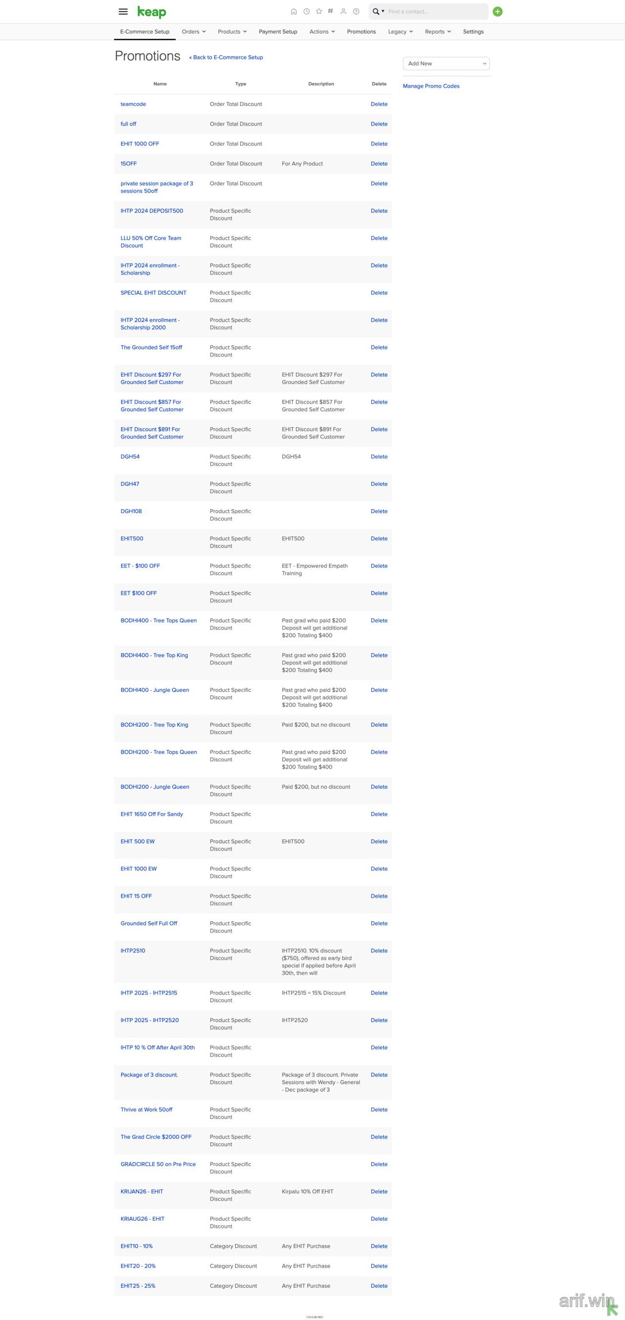 Keap Promotions list showing multiple promo codes with order-total, product-specific, and category discount types.