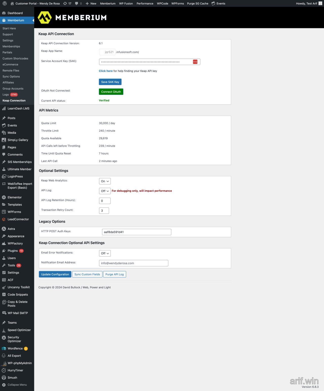Memberium settings showing Keap API connection, OAuth connect, verified status, API metrics, and custom field sync controls.