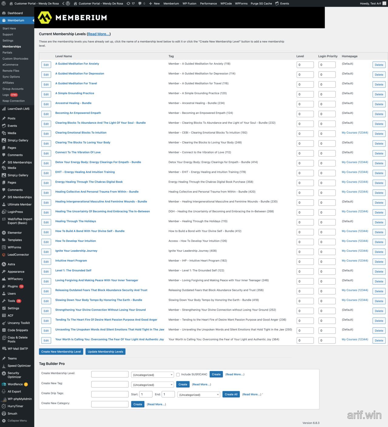 Memberium membership levels list showing each membership level mapped to a Keap tag for access control.
